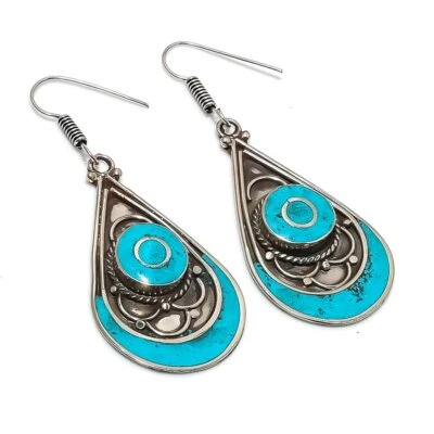 Türkis Edelstein Ohrringe Tibetische Handarbeit Böhmischer Nepali Schmuck 3" ... - Bild 1 von 4