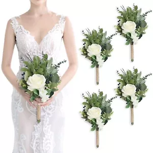 8 Inch Bridesmaid Bouquets Set Of 4 Ivory Artificial Flowers Greenery Bouquet Fo - Picture 1 of 7