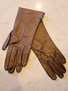 Neu ohne Etikett Neiman Marcus metallic gold 100 % Seide gefütterte Lederhandschuhe S/M Größe 7 bronzefarben - Bild 1 von 7