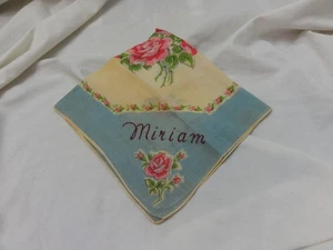 12" Vintage Handkerchief ~ Hankie ~ Hanky ~ Floral ~ Embroidered "Miriam" - Picture 1 of 9
