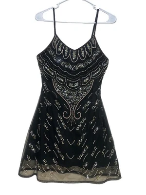 Y2K Witchy Fairy 2000 Raga Sequins 串珠迷彩上衣迷你连衣裙女式小号黑色 — 第 1/4 张图片