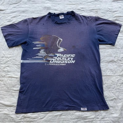 Vintage Harley Davidson T Shirt Sun Faded Distressed Pacific Hawaii Thrashed 80s - Image 1 of 4