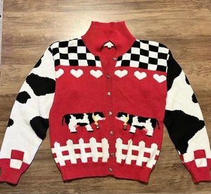 Cardigan maglione medio vintage anni 80 occhio di aquila mucca cuore cottagecore rosso - Foto 1 di 8