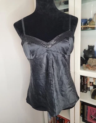 Camiseta sin mangas vintage Y2K Express Design Studios negra seda cami M lentejuelas elásticas Foto 1 de 4