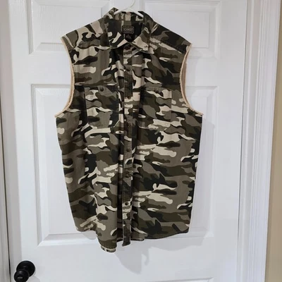 C.E. Schmidt Workwear Camo Fray Edge Sleeveless Button Up Shirt Vest Green Sz XL - Image 1 of 4