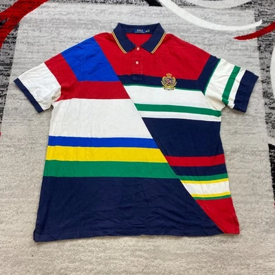 Ralph Lauren Polo Shirt 3XLT 3XL XXXL 3XT Tall Blue Red Cross Split Stripe Crest - Image 1 of 4