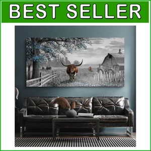 Large Rustic Farmhouse Wall Art - Brown Cow & Blue Tree - 58x29 Inches - Picture 1 of 8