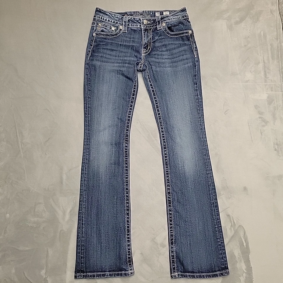 Pantalones de mezclilla Miss Me para mujer 29 azul desteñido tiro bajo solapa bolsillo punto grueso vaquero Foto 1 de 4
