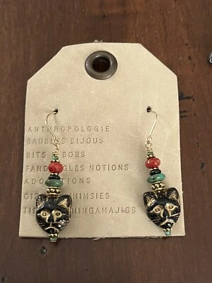 Anthropologie 14K GF Dangle Cat Earrings Turquoise Red Stones - Image 1 of 4