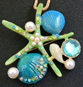 Big STARFISH Pearl SHELL Rhinestone Betsey Johnson Necklace Pendant Brooch GREEN - Picture 1 of 12