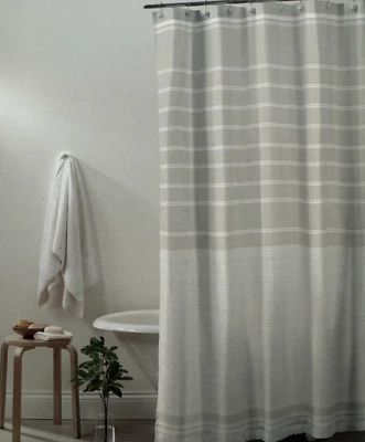 Common Thread Stripe Tan & White Fabric Shower Curtain 72" x 72" NIP - Image 1 of 4