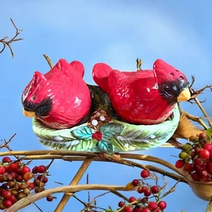 Cardinal Salt & Pepper Shakers Perched On A Christmas Nest: & Cardinal Gift Box - Picture 1 of 10