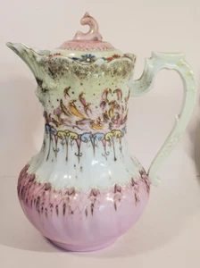 Antique Victorian Porcelain Chocolate Pot Hand Painted Pink Blue Lush Gold - Picture 1 of 17