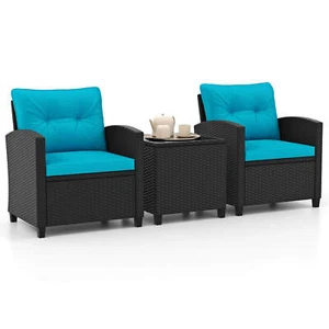 3 PCS Patio Furniture Set w/Tempered Glass Coffee Table Washable Cushions - Picture 1 of 10