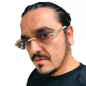 Rhinestone Rimless Sunglasses Vintage Hip Hop Shades Men Light Brown Lens Classy - Picture 1 of 4