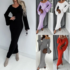 Women's Sexy V Neck Long Flared Sleeve Dress Party Evening Bodycon Dresses - Picture 1 of 22