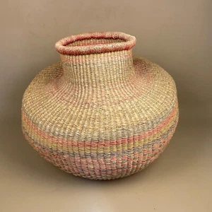 Vintage Round African Basket Woven Wicker Brown Patterned Antique Handmade Belly - Picture 1 of 11