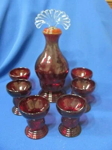 VINTAGE ELEGANT GLASS NEW MARTINSVILLE RED MOONDROPS DECANTER & 6 TUMBLERS - Picture 1 of 12