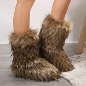 Womens Winter Snow Boots Outdoor Luxury Furry Faux Fox Fur Boots Woman Plush - Picture 1 of 14