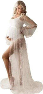 Womens Pearl Maternity Dress- Long Puffy Sleeves Tulle Wedding Robe- Ivory White - Picture 1 of 7