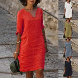 Damen-Midikleid Aus Baumwollleinen Mit V-Ausschnitt Lässiges Lockeres Baggy- ≌ - Bild 1 von 16