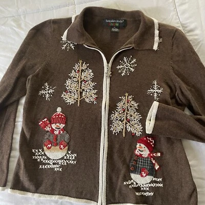 Cárdigan Hampshire Studio Muñeco de Nieve Marrón Cremallera Pequeño Grande PL Vacaciones Foto 1 de 4