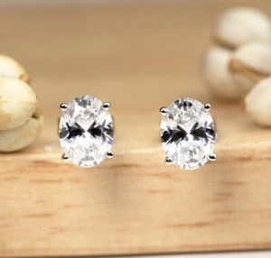1.20 Ct Oval Cut VVS1/D Lab Created Stud Earrings 14k White Gold 6mm Push Back - Picture 1 of 11