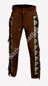 Pantaloni da uomo nativi americani western cowboy bufalo pelle scamosciata con frange perline P9 - Foto 1 di 6