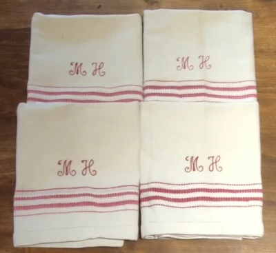 Lot 4 essuie mains torchons vintage/Monogramme MH/old Embroidered napkin - Photo 1/4