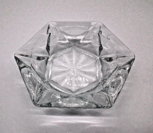 Clear Glass Hexagonal Vintage Ashtray W/Faceted Six Point Star and Sunburst 5 in - Picture 1 of 4