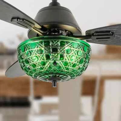 Ceiling Fan Black Finish Emerald Green Glass Mosaic Shade-Remote,3-Blade,42in - Image 1 of 4