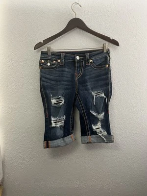 TRUE RELIGION RILEY Women 27 Distressed Cuffed Knee Length Stretch Denim Shorts - Image 1 of 4