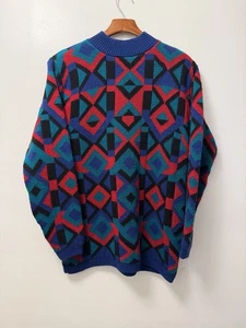 Vintage Alfred Dunner Pullover mit Rundhalsausschnitt Damen M blau rot geometrisches Muster USA Schulterpolster - Bild 1 von 11
