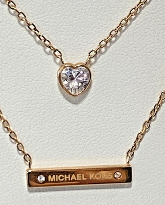 Michael Kors Signed Rose Gold Tone Double Strand Heart / Bar Necklace 16" / 18" - Image 1 of 4