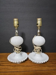 VTG Milk Glass Hobnail Pair Of 12" Vanity Boudoir Table Lamps Work No Shade - Picture 1 of 13