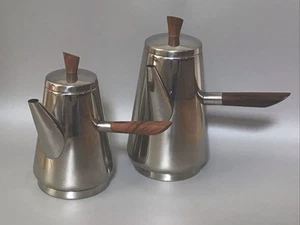 SET Of 2 Erik Herlow LUNDTOFTE - Coffee & Milk Pot Set Denmark 1960s SS & Wood - Picture 1 of 11