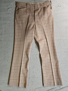 Vintage 70s Flare Slacks Pants Trousers USA Made Men's Size 36x32 Salmon Check - Picture 1 of 10