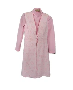 Vintage Pink Mod 2 Piece Dress Jacquard Sleeveless Jacket Handmade 1970s - Picture 1 of 24