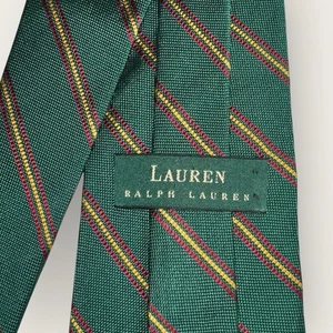 Lauren Ralph Lauren grüne Seidenkrawatte klassisch rot & gold diagonale Streifen 58 Zoll - Bild 1 von 6