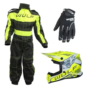 Kids Wulfsport Wulf MX Quad Motocross Overall Helmet Glove Yellow Set #O5 - Picture 1 of 5