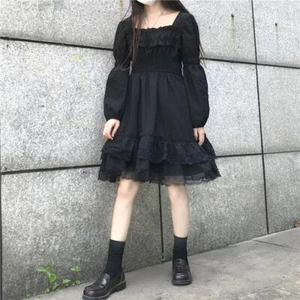 Women Gothic Dress Lolita Lace Black Long Sleeve Ruffle Retro Punk Square Collar - Picture 1 of 8