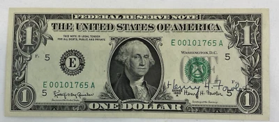 1963A $1 FRN Autograph Henry H Fowler - Collector's Gem Low Serial Number - Image 1 of 2