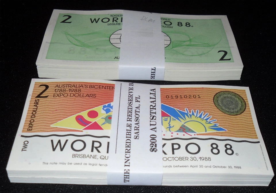 LOTE DE 100 PIEZAS. BILLETES PARCIALMENTE GRABADOS ABNC AUSTRALIA $2 EXPOSICIÓN MUNDIAL 88 - ¡SIN CIRCULAR! Foto 1 de 1
