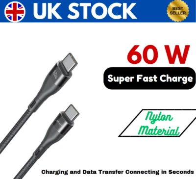 60W USB-C to USB-C Fast Charger Cable, Braided Long Durable Charging Lead - Image 1 of 4