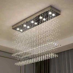 Rectangular Crystal Chandelier Ceiling Lamp Raindrop Light Dining Room Kitchen - Picture 1 of 12