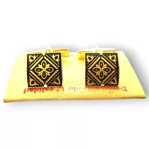 Vintage New Classy Toledo Spain Damascene Gold and Black Square Fancy Cuff Links - Picture 1 of 12