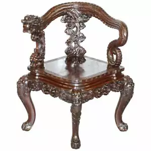 STAMPED JAPANESE CIRCA 1880 QING DYNASTY CARVED ROSEWOOD DRAGON CORNER ARMCHAIR - Picture 1 of 12