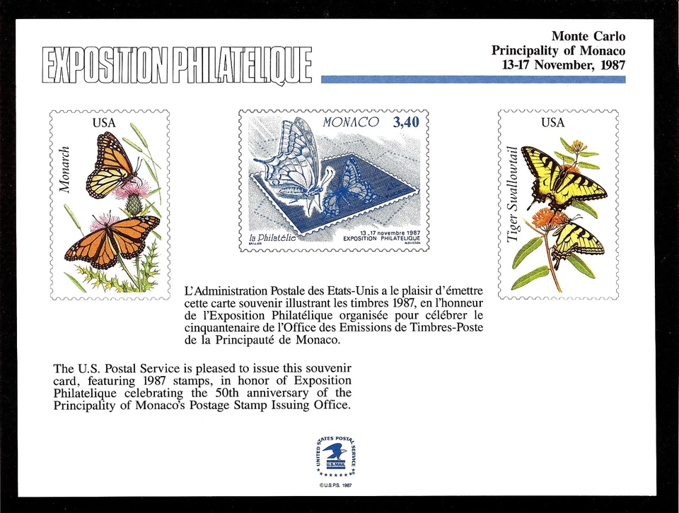 SOUVENIR CARD MINT Exposition Philatelique Monte Carlo, Monaco MINT 1987 - Image 1 of 1