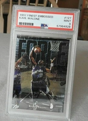 1997-98 Finest Silver Uncommon Embossed Karl Malone #127 PSA 9 MINT VERY LOW POP - Image 1 of 3