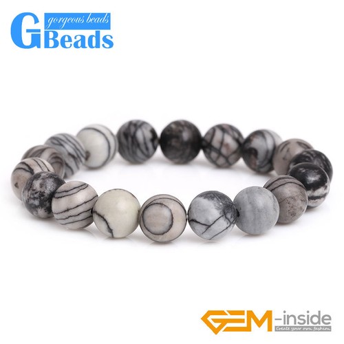 VALENTINO Bracciale Elastico 7" Nero Tessegnato Picasso Diaspro Gemme Perline Creazione Gioielli